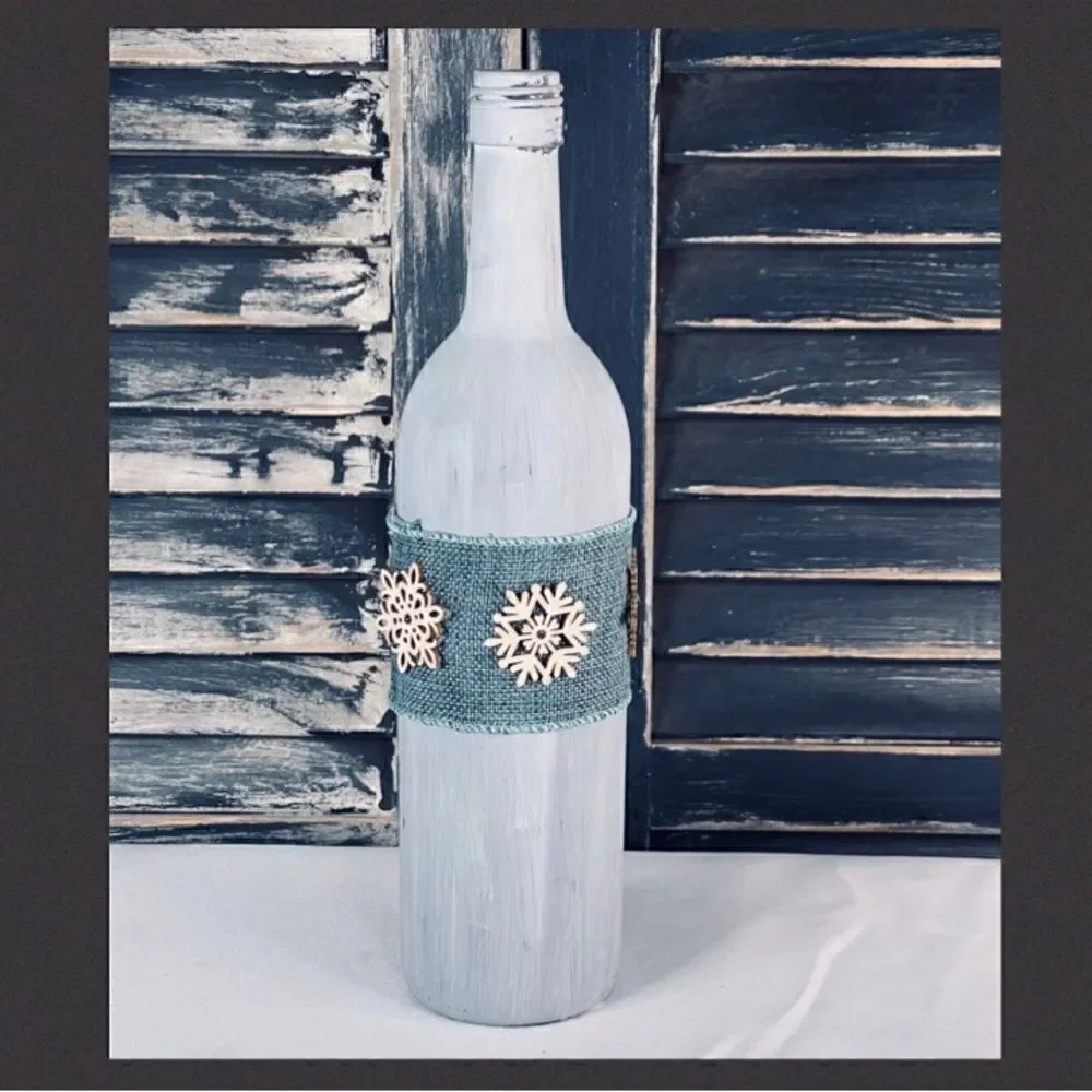 Hand-Painted Blue Wine Bottle with Burlap Ribbon & Wood Snowflakes